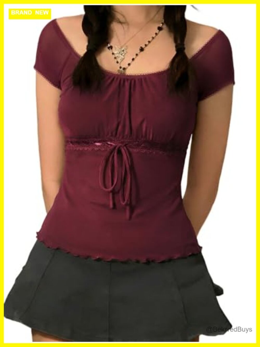 Women Y2K Mesh Babydoll Top Lace Trim Short Sleeve